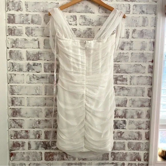 Missguided • Ivory Mesh Tie Shoulder Corset Mini Dress • Sweetheart Neckline - Picture 11 of 14